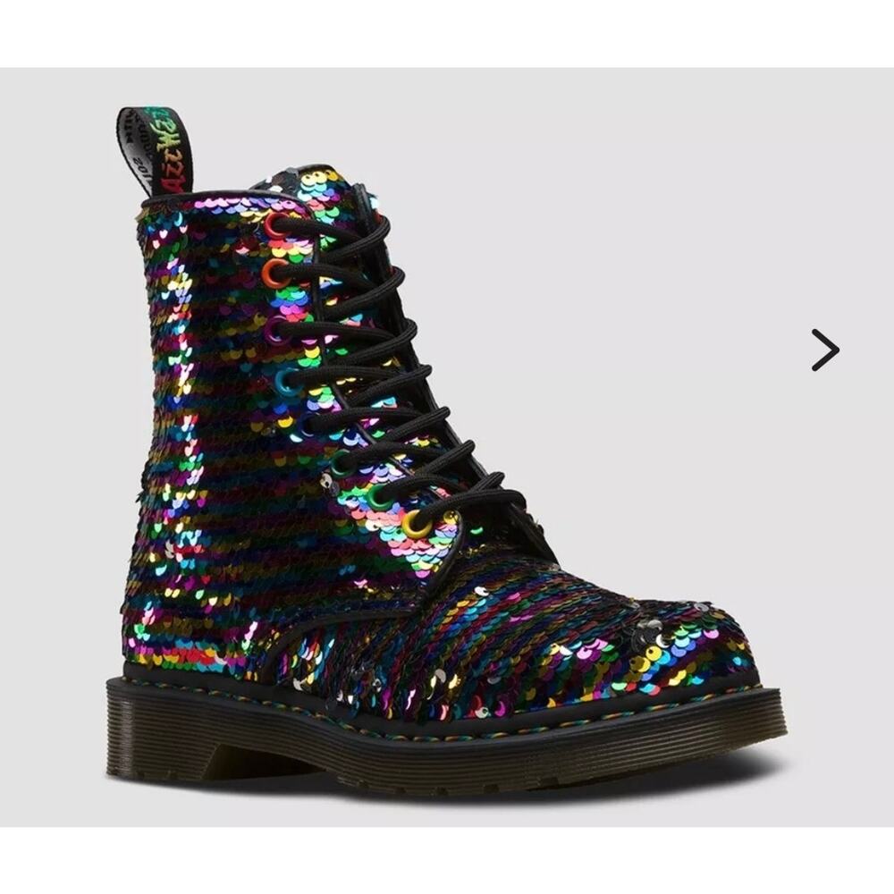Dr Martens 1460 Pascal Rainbow Flip Sequin Boots Silver Festival Rave Size 6 Y2K